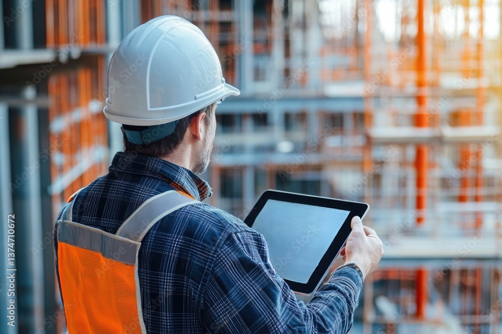 Poster civil engineer or architect with hardhat on construction site checking schedule on tablet computer