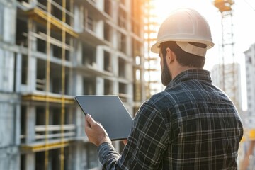 civil engineer or architect with hardhat on construction site checking schedule on tablet computer