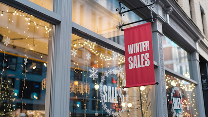 Obraz premium Festive window display announces winter sales, adorned with lights and snowflakes.