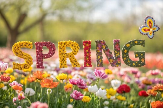 SPRING Word formed by flowres surrounded by flowers in the background - generated by ai