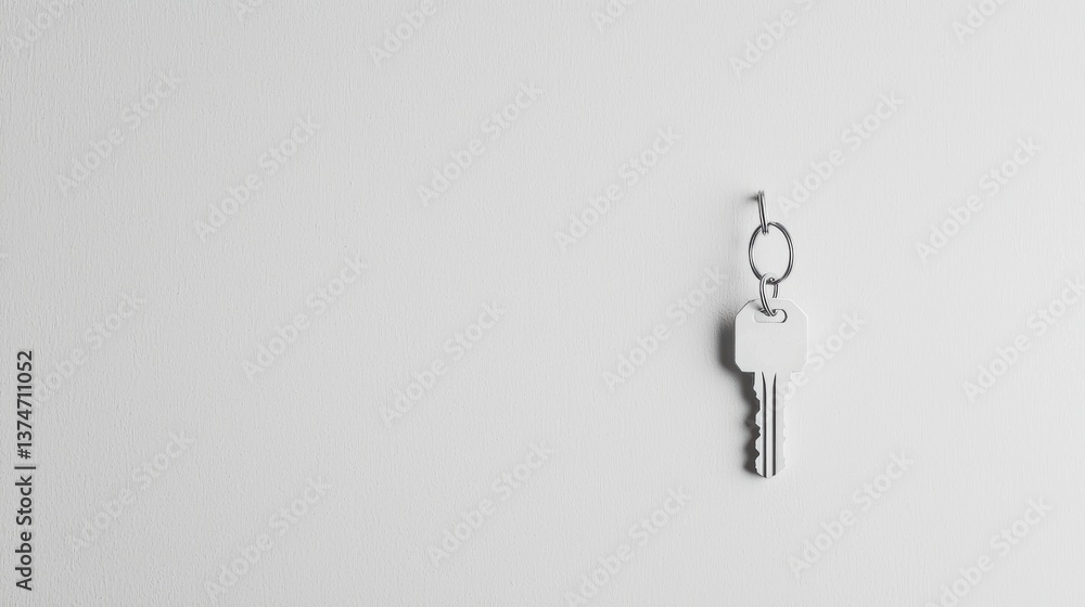 Poster black and white photograph of a key hanging from a hook. the key is silver in color and appears to b