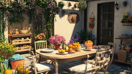 Interior design of  terrace with table, garden chair, vase with flowers, bowl with fruits, tableware, beautiful garden and personal accessories. Home decor. Template.