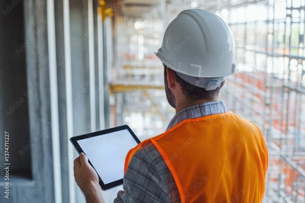 Aufkleber civil engineer or architect with hardhat on construction site checking schedule on tablet computer