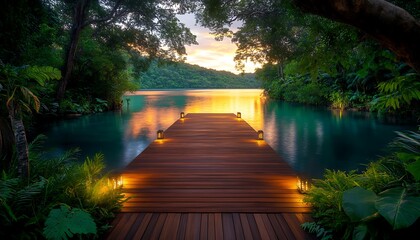 Fototapeta premium Sunset Lake Pier with Tropical Paradise.