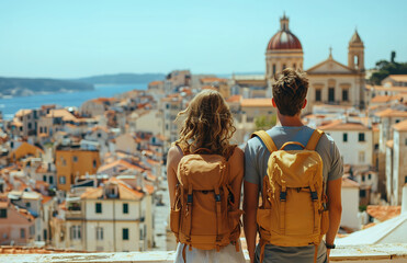 Back view of young couple with yellow backpacks exploring Mediterranean coastal city with historic architecture and sea views