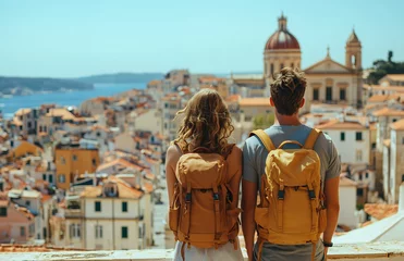 Fotobehang Back view of young couple with yellow backpacks exploring Mediterranean coastal city with historic architecture and sea views © designermetin