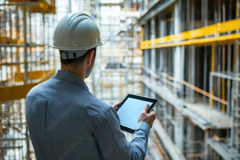 Poster civil engineer or architect with hardhat on construction site checking schedule on tablet computer