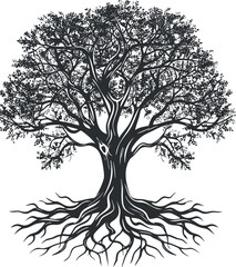 Obraz premium Intricate black and white tree silhouette with detailed branches and roots, symbolizing nature's connection.