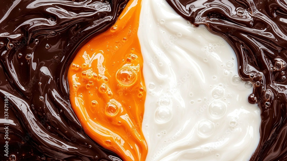 Poster a zoom-in of a chocolate and white mixture featuring vibrant orange and white swirl patterns at its 