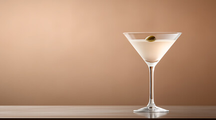 Elegant Martini: A classic cocktail in a stemmed glass, garnished with an olive, set against a warm, neutral backdrop. Perfect for sophisticated celebrations.