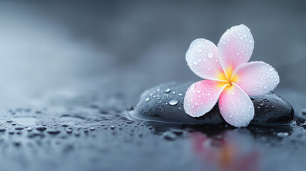 Pink frangipani flower resting on wet black stone background  