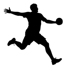 Obraz premium Silhouette of a handball player: Dynamic silhouette of a handball player in mid-air, showcasing power, agility, and athleticism. The image is a vector graphic.