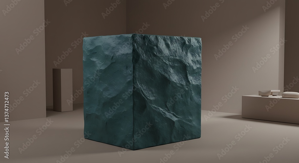 Aufkleber cube object with dark texture in a studio room display