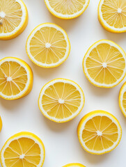 Bright Juicy Lemon Slices on White Background, Top View