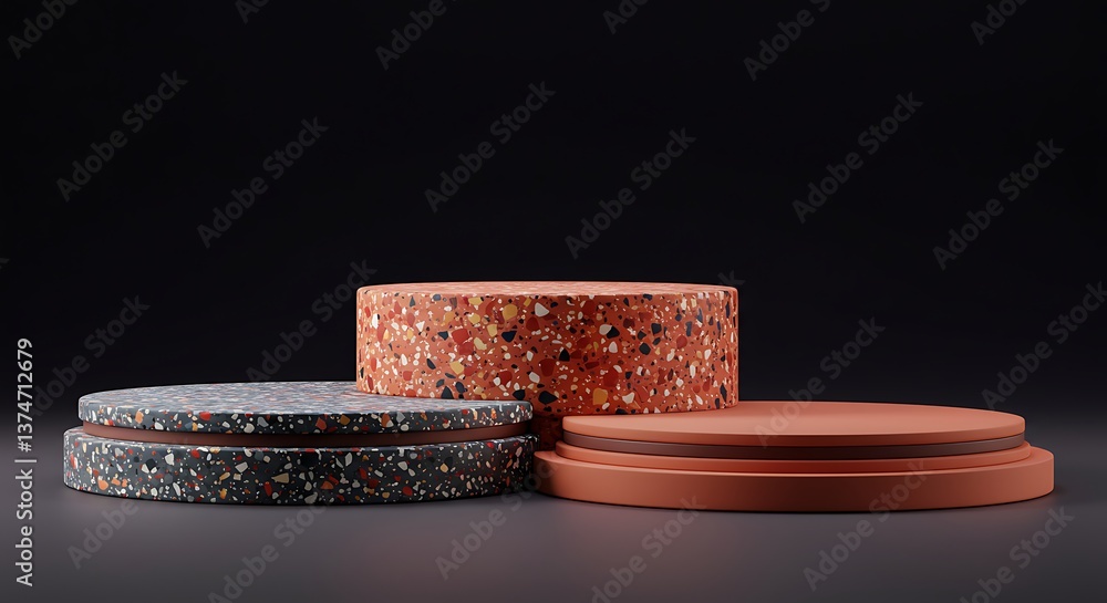 Poster stylish terrazzo display platforms for product presentation on dark background