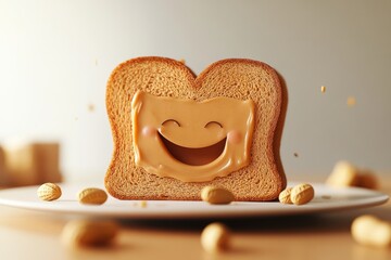A slice of toast with peanut butter creatively shaped into a smiling face, surrounded by peanuts.