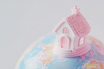 A miniature pink house sits atop a pastel globe, symbolizing global homeownership or dreams of travel.