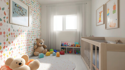 Stylish scandinavian child room with mock up photo poster frame on the pattern wall, boxes, teddy bear and toys.Cute modern interior of playroom with white walls, wooden accessories and colorful toys.