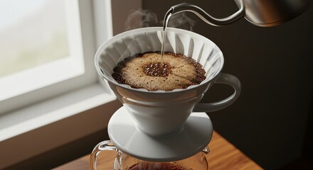 A close up shot of water being poured into a coffee filter for a pour over coffee setup
