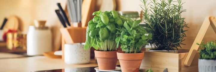 Fototapeta premium Indoor herb garden with potted basil, mint, and rosemary on kitchen counter with wooden box – Great for kitchen organization themes, cooking blogs, or eco-friendly home concepts.