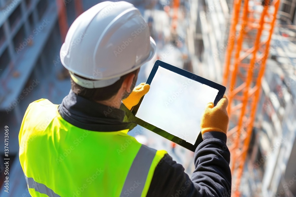 Aufkleber civil engineer or architect with hardhat on construction site checking schedule on tablet computer