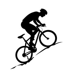 Fototapeta premium Cycling Silhouette: A sleek black silhouette of a cyclist riding a bicycle on a challenging terrain, embodies energy and determination, perfect for sports and fitness projects.