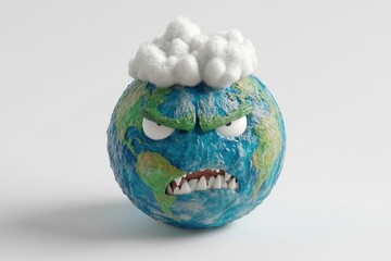 Angry Earth globe with a cloud on its head, symbolizing climate change and environmental problems.