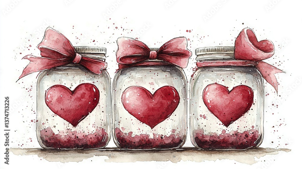 Poster three jars have hearts inside, and one jar has a red ribbon and another with a red heart on it