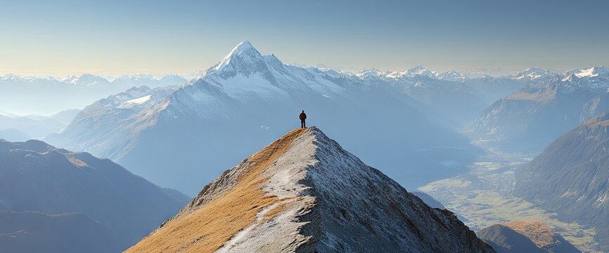 Man atop a ridge with snow-capped mountains in the background under a clear sky