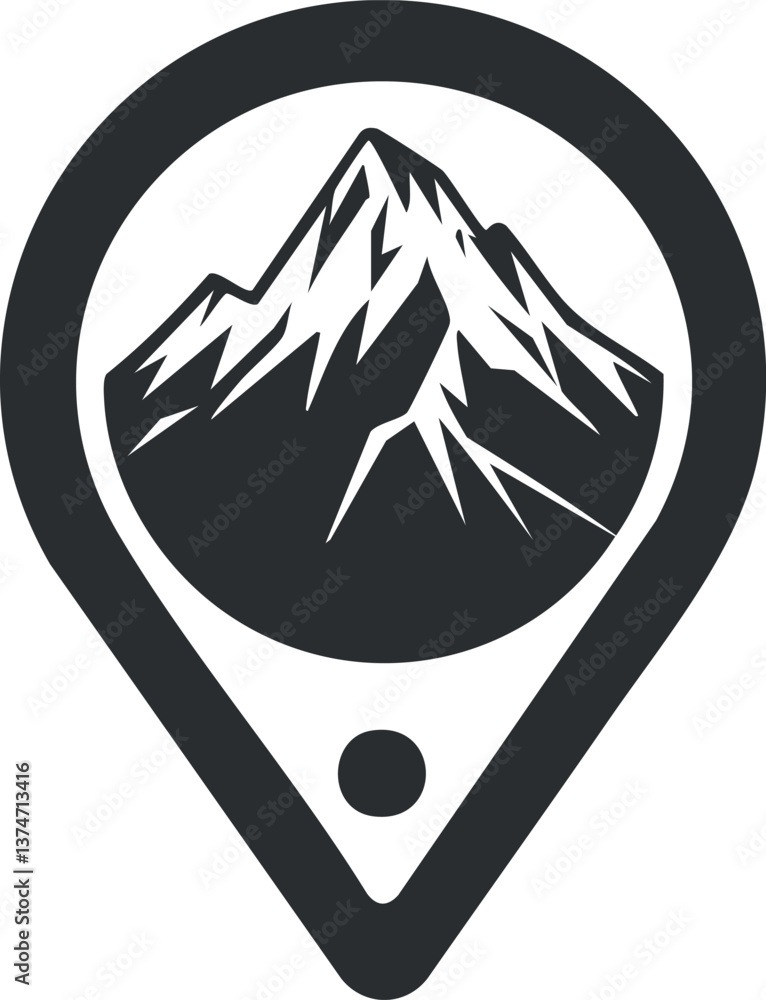 Poster black silhouette icon of a mountain inside a location pin symbolizing navigation and adventure.
