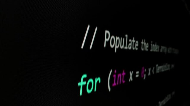 Closeup macro shot movement of coding script moving across LED screen with real-time AI-generated typing, showcasing advanced AI learning in optimization, debug and coding for software development.