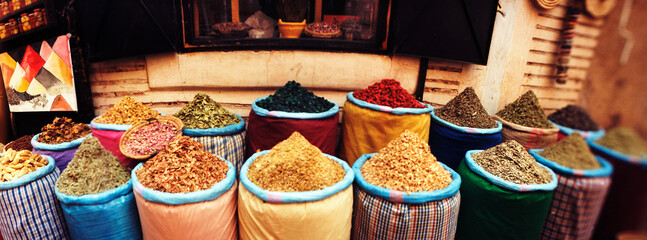 Panoramic view of the spice market inside the medina in Marrakesh, Morocco.