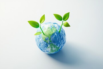 Two green sprouts emerge from a textured Earth globe, symbolizing growth and environmental sustainability.