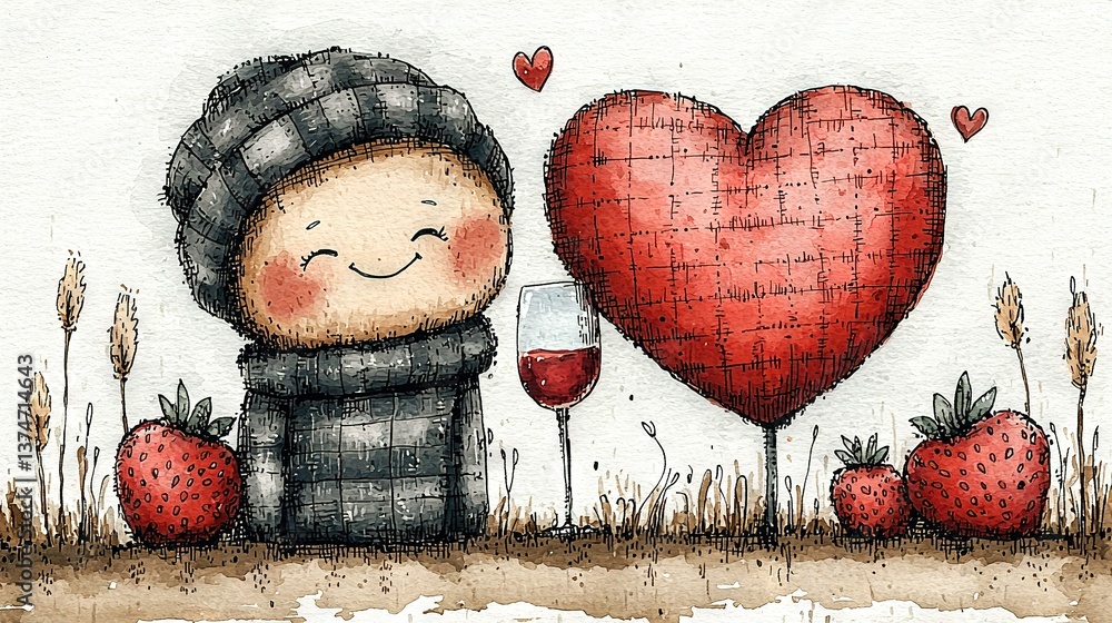 Poster a portrait of a person sipping wine with a heart-shaped object centered in the composition