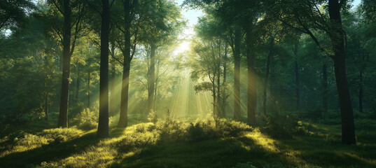Fototapeta premium A serene forest scene with sunbeams cutting through the canopy and illuminating the undergrowth