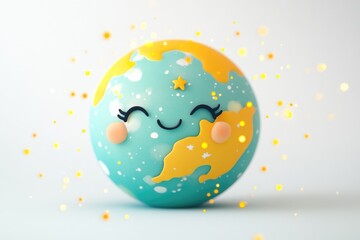 A cute, smiling cartoon Earth surrounded by sparkling golden lights, representing a joyful and hopeful planet.