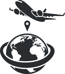 Silhouette of an airplane above a globe with a location marker, symbolizing global travel.