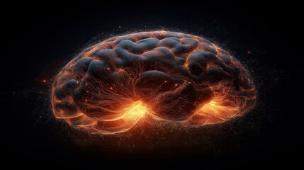 Abstract illustration of a brain with glowing elements and particles.