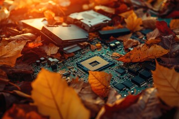 Naklejka premium Computer components resting amidst autumn leaves, bathed in sunset's warm glow.