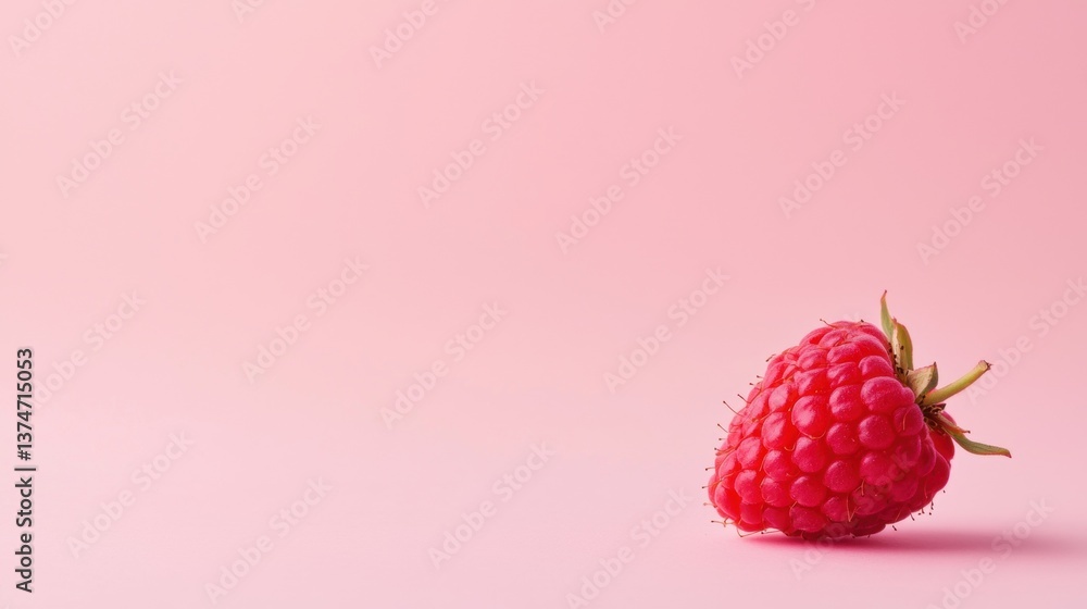 Fototapete close-up of a single raspberry on a pink background. the raspberry is bright red in color and appear