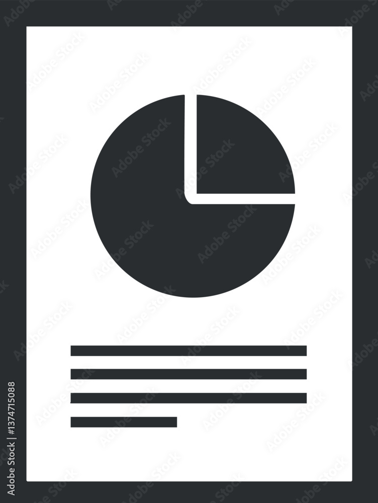 Poster black and white document icon featuring a pie chart and text, ideal for reports and presentations.
