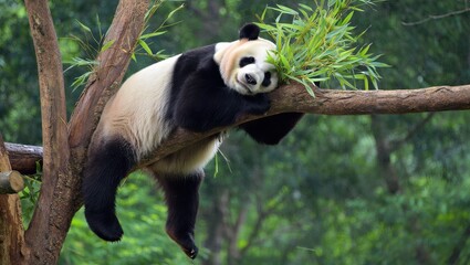 Obraz premium A panda is comfortably resting on a branch, enjoying bamboo leaves in a green forest. The animal appears relaxed and peaceful amidst the natural setting, enjoying its meal