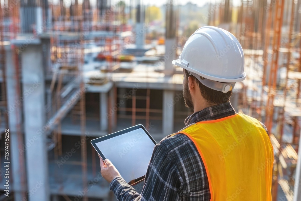 Poster civil engineer or architect with hardhat on construction site checking schedule on tablet computer