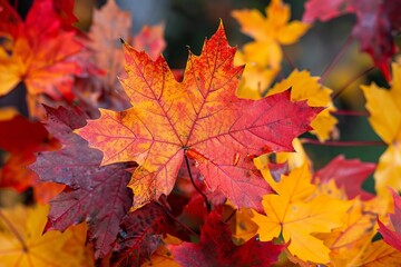 Stunning Close-Up Shot of Watercolor Maple Leaves in Vibrant Autumn Hues, Ideal for Fall-Inspired Greeting Cards and Art Prints.