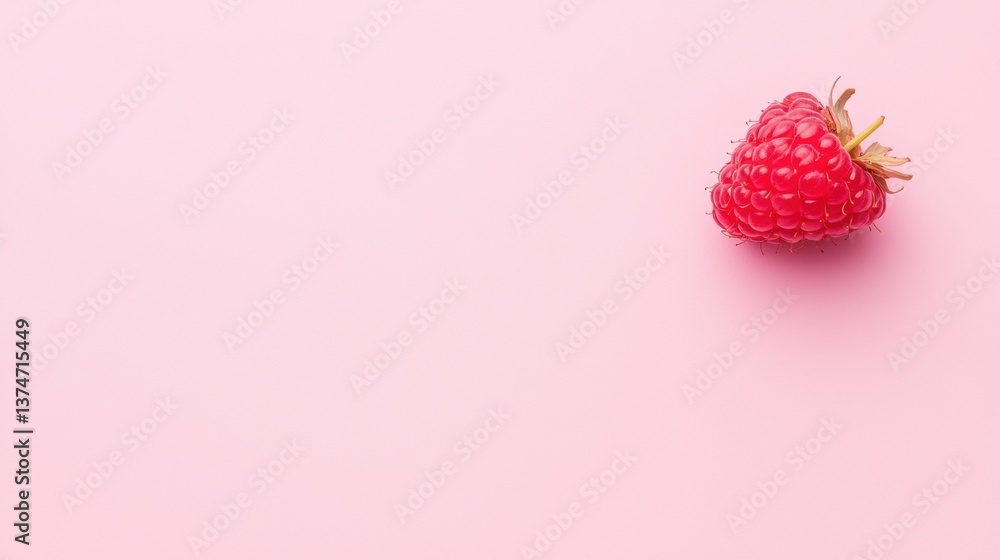 Poster flat lay of a single raspberry on a pink background. the raspberry is in the center of the image and