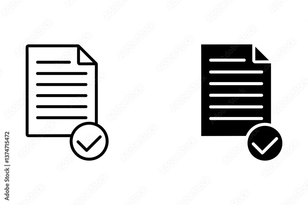 Poster approval and document acceptance icons set. validated contract and authorized paper symbols.