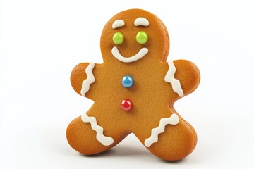 A cheerful gingerbread man cookie decorated with colorful candy buttons and icing.