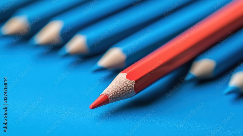 Poster group of blue pencils arranged in a row on a blue background. in the center of the image, there is a