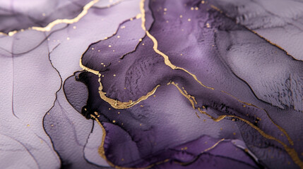 Elegant abstract background with flowing purple and black ink textures and golden lines.

