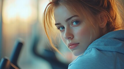 Young woman with light brown hair and blue eyes glancing back in gym